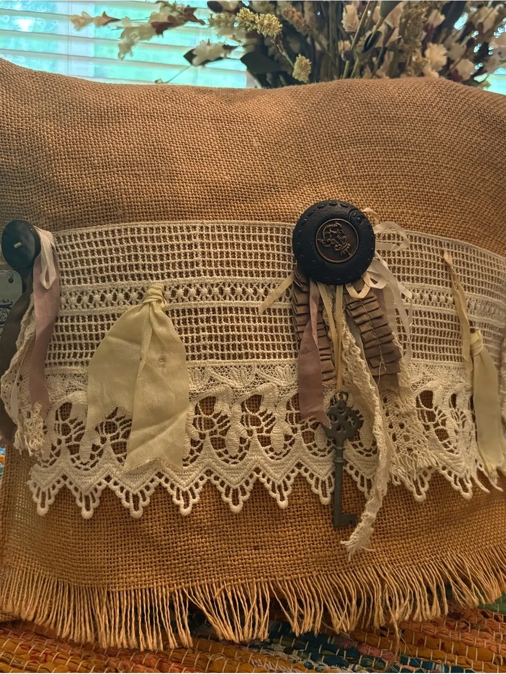 Boho Burlap Decorative Pillow with Lace Trim and Tassels - Neutral
